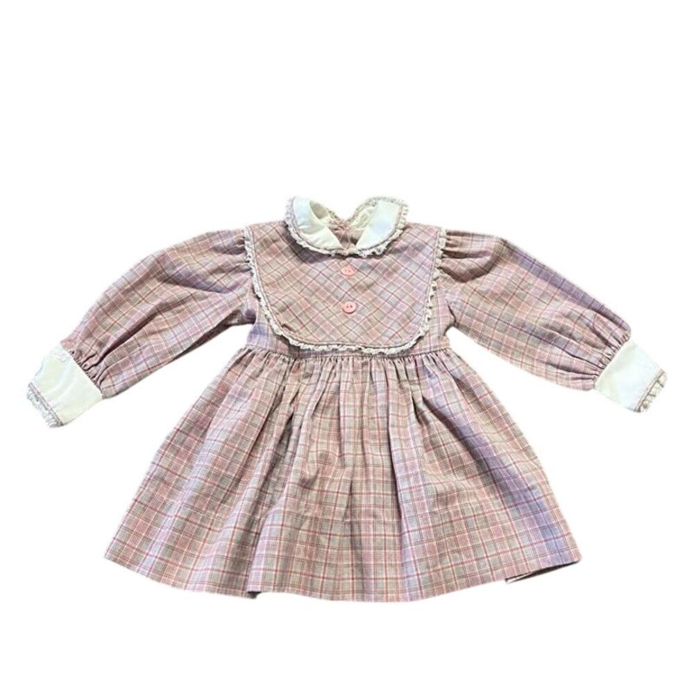 Vintage 90's Checkered Long Sleeve Mini Dress Kids Summer Red Toddler Girl 2T